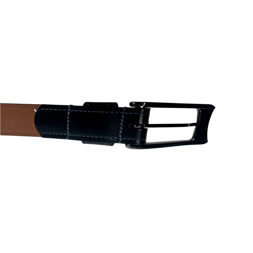 Johnston & Murphy Men Black Leather Dress Belt Gunmetal Buckle Blue Stitching 38